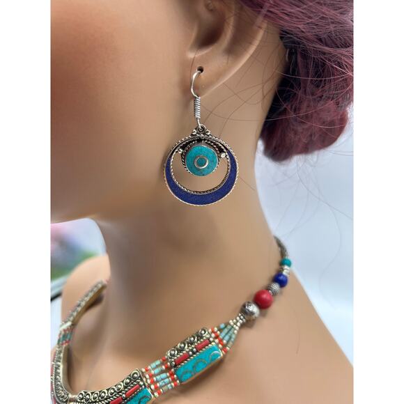 Tibetan Turquoise Lapis Coral Copal Necklace & Earrings Set Handmade in Nepal - Picture 4 of 5